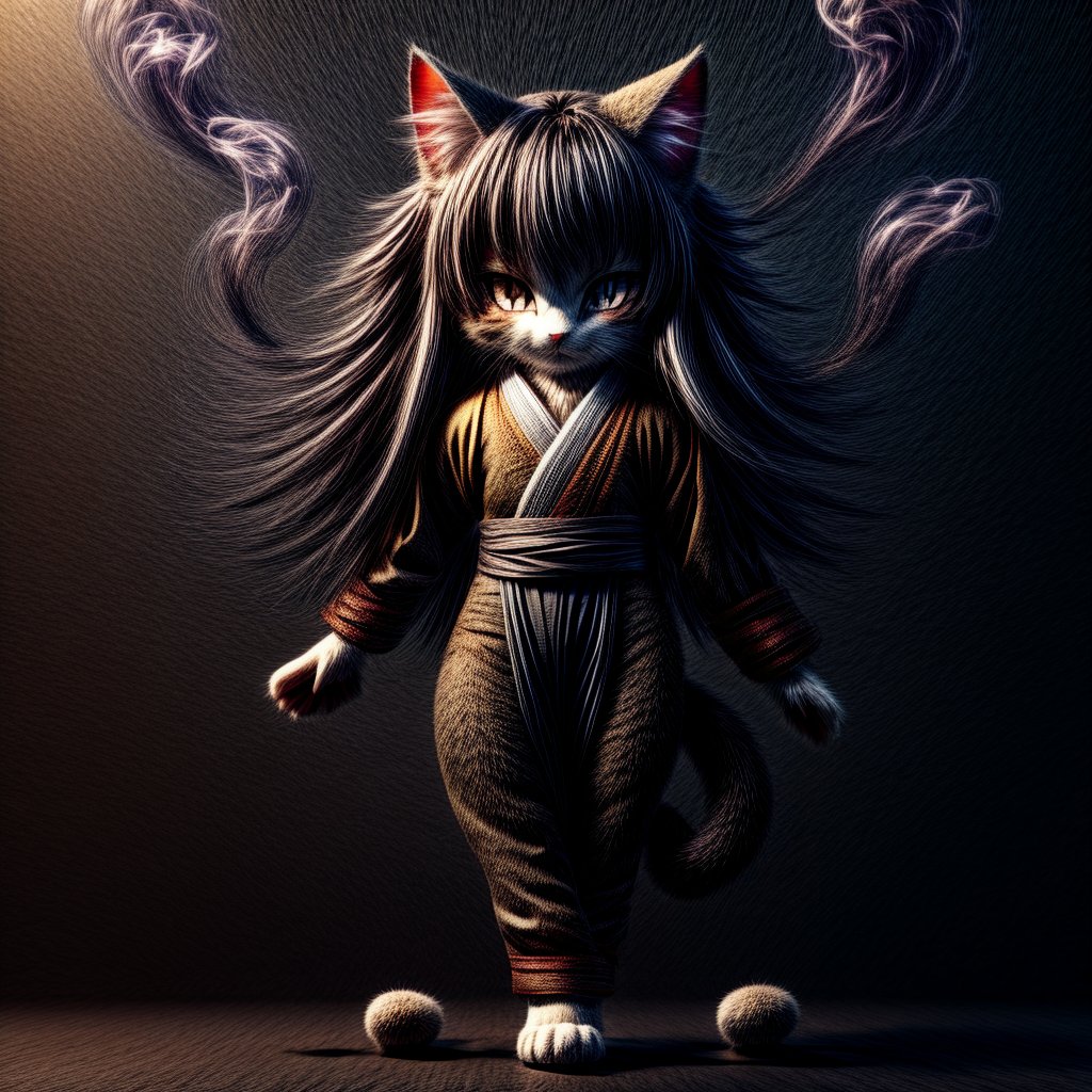 ((((full body)))),kunoichi, neko, girl, fur body, dark color fur, fluffy fur, pointy cat ears, long curly cat ears, absurdly long cherry hair, black eyes, smoke fur,cateyes, throwing shuriken at viewer 