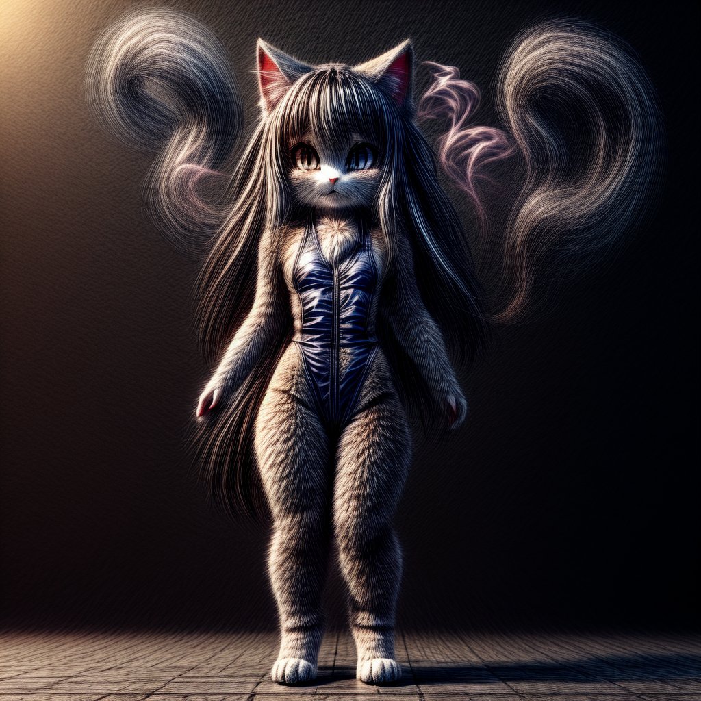 ((((full body)))),kunoichi, neko, girl, fur body, dark color fur, fluffy fur, pointy cat ears, long curly cat ears, absurdly long cherry hair, black eyes, smoke fur,cateyes, swimsuit 