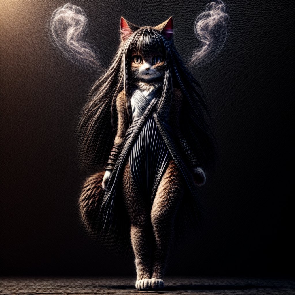 ((((full body)))),kunoichi, neko, girl, fur body, dark color fur, fluffy fur, pointy cat ears, long curly cat ears, absurdly long cherry hair, black eyes, smoke fur,cateyes