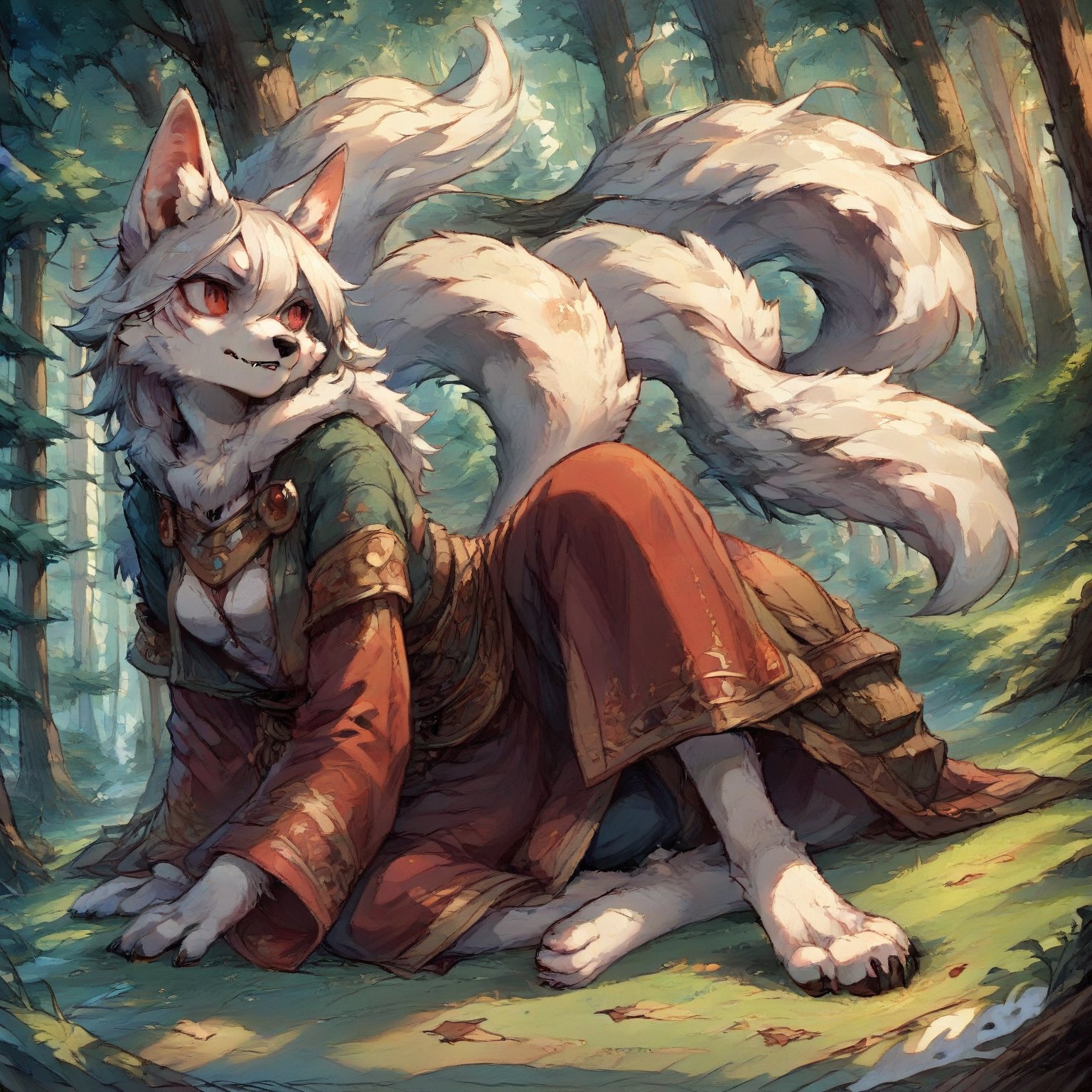 A wolf girl posing in a snowy forest clearing, surrounded by tall trees and a hint of mist. Her white fur glistens under the soft, warm lighting, with her wolf ears perked up and red eyes gleaming with a fierce intensity. She sits confidently, her long white tail wrapped around her legs like a symbol of power. The camera captures her from a slight angle, emphasizing her striking features and the textures of her fur. Anime-style artistry shines through in the stylized design and vibrant colors.,score_9,score_8_up,score_7_up,source_anime,BREAK,furry