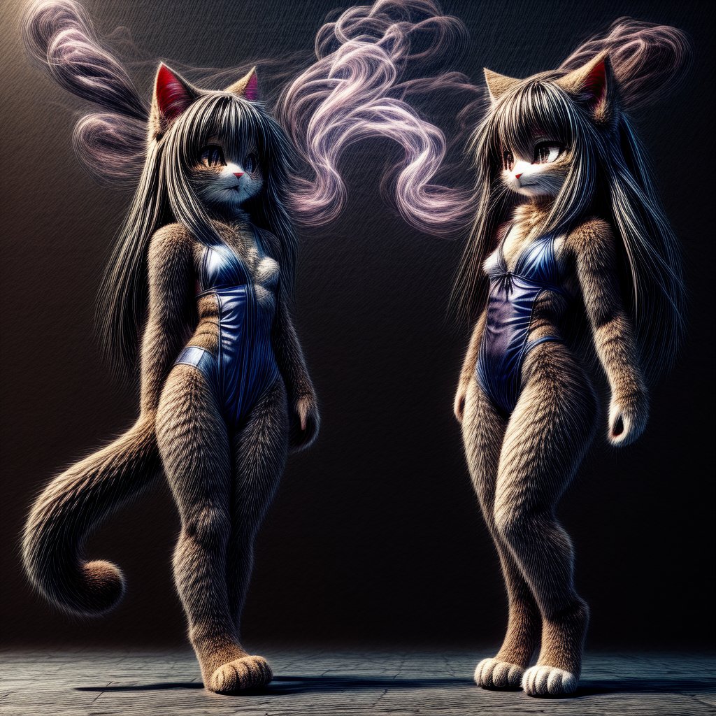 ((((full body)))),kunoichi, neko, girl, fur body, dark color fur, fluffy fur, pointy cat ears, long curly cat ears, absurdly long cherry hair, black eyes, smoke fur,cateyes, swimsuit 