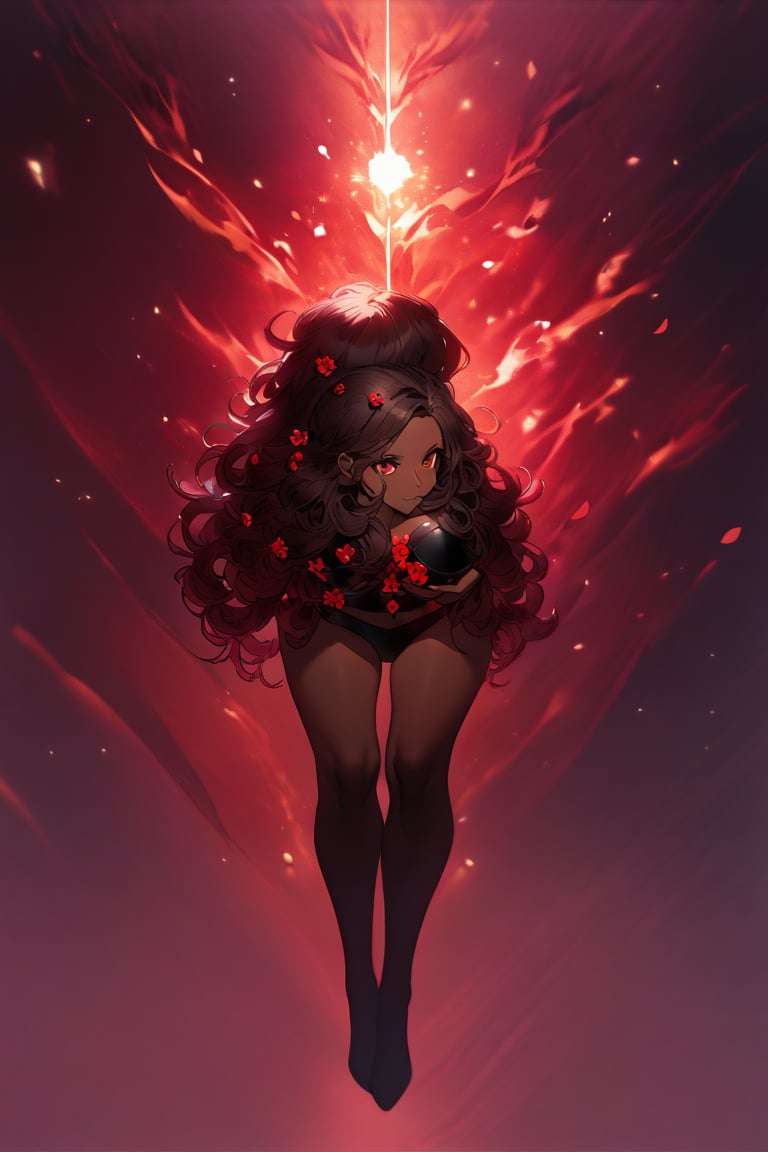 In a mystical forest bathed in soft, ethereal light, a headless young woman with long silver curly hair and striking red eyes poses eerily beautiful. Her dark skin glistens as she holds her own dissevered head in one hand, surrounded by intricate black bikini armor adorned with vibrant red flower accents that seem to pulsate with an otherworldly energy. The flowers' delicate petals and stems are textured with lifelike detail, contrasting stunningly against her dark skin tone. ((full body))