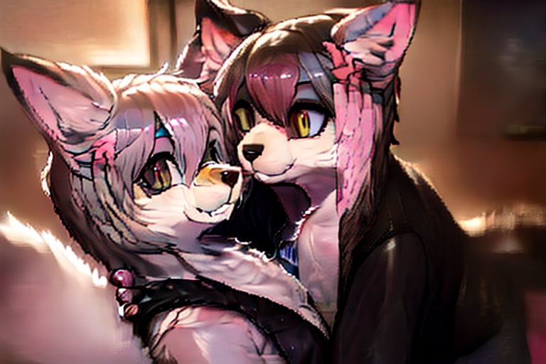 Full body,Two Neko girls in a vibrant fantasy setting, one with fur-covered features and a playful expression, engaging in a tender moment. The scene depicts the futa sister affectionately embracing her sibling, creating a warm atmosphere filled with love. Include a speech bubble that reads 'Love you, sis,' capturing their close bond. The background should feature whimsical elements like cherry blossom trees and soft pastel colors to enhance the overall affectionate,furry,furry female,body fur,animal ear fluff,animal ears,fang