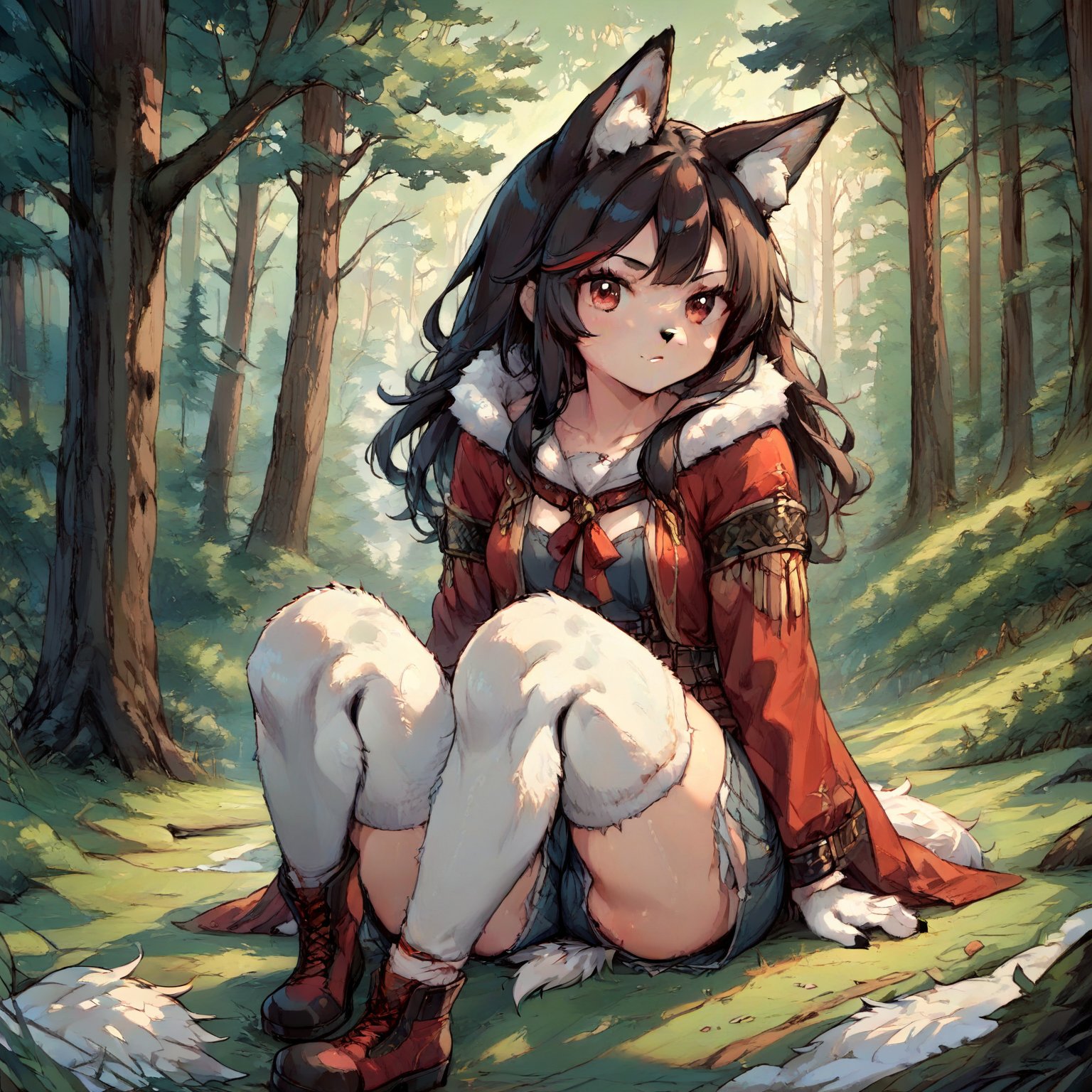 A wolf girl posing in a snowy forest clearing, surrounded by tall trees and a hint of mist. Her white fur glistens under the soft, warm lighting, with her wolf ears perked up and red eyes gleaming with a fierce intensity. She sits confidently, her long white tail wrapped around her legs like a symbol of power. The camera captures her from a slight angle, emphasizing her striking features and the textures of her fur. Anime-style artistry shines through in the stylized design and vibrant colors.,score_9,score_8_up,score_7_up,source_anime,BREAK,furry