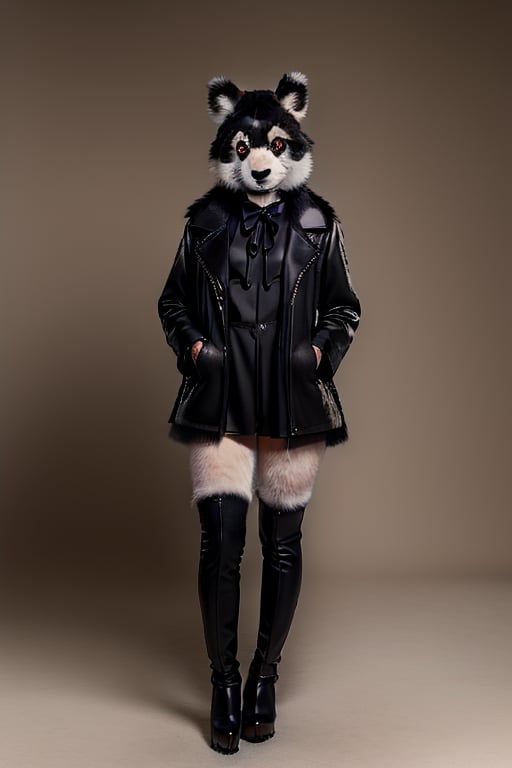 ((Full body)),panda girl,lolita fashion,red eyes,photorealistic,furry,furry female,body fur,animal ear fluff,animal ears,fang,Detailedface