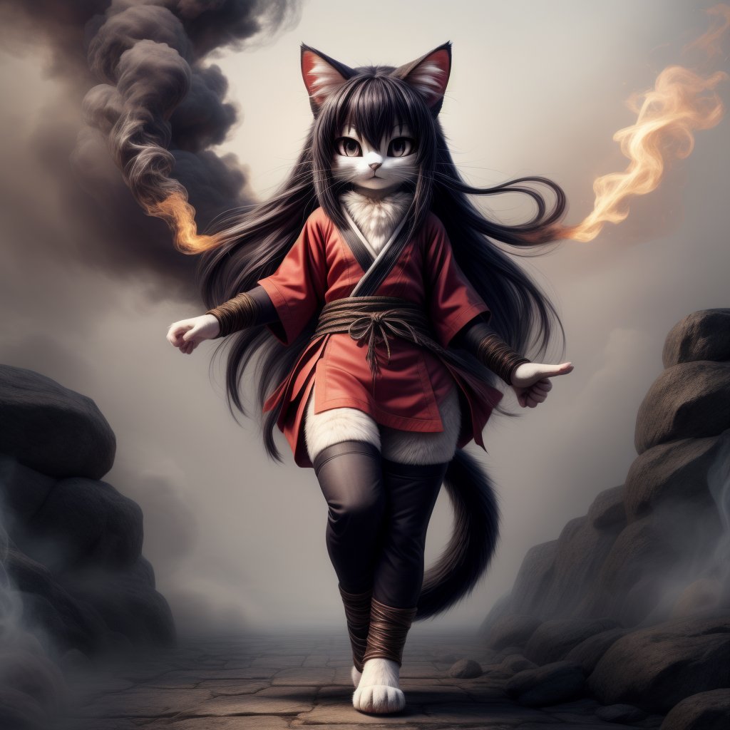 ((((full body)))),kunoichi, neko, girl, fur body, dark color fur, fluffy fur, pointy cat ears, long curly cat ears, absurdly long cherry hair, black eyes, smoke fur