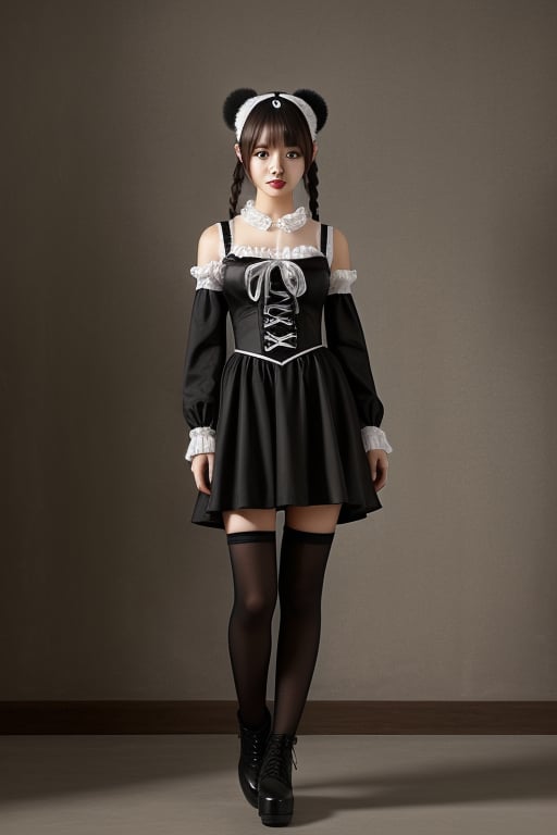 ((Full body)),panda girl,lolita fashion,red eyes,photorealistic