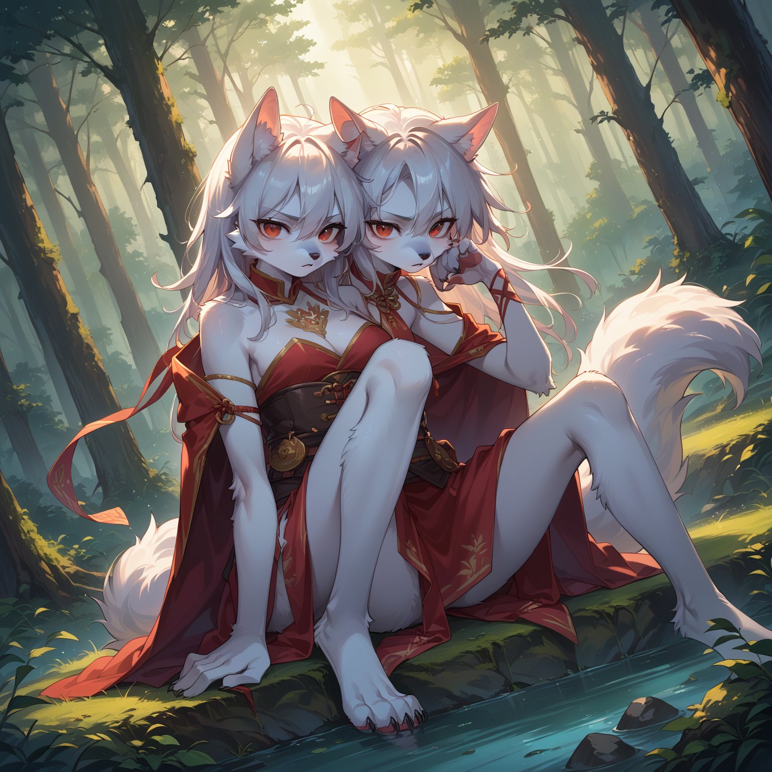 A wolf girl posing in a snowy forest clearing, surrounded by tall trees and a hint of mist. Her white fur glistens under the soft, warm lighting, with her wolf ears perked up and red eyes gleaming with a fierce intensity. She sits confidently, her long white tail wrapped around her legs like a symbol of power. The camera captures her from a slight angle, emphasizing her striking features and the textures of her fur. Anime-style artistry shines through in the stylized design and vibrant colors.,score_9,score_8_up,score_7_up,source_anime,BREAK,furry