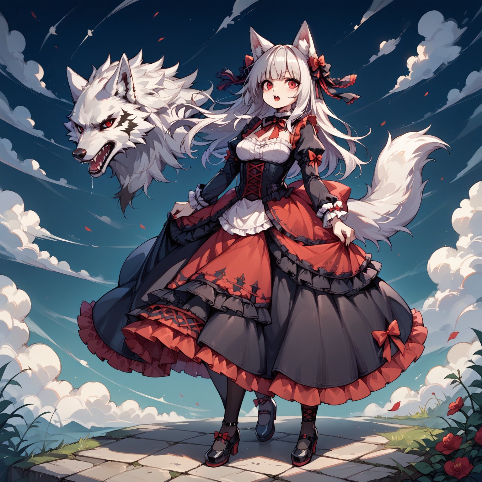 wolf girl,fur body,white wolf fur,white wolf ears,red eyes,white wolf tail, gothic lolita,full body,score_9,score_8_up,score_7_up,source_anime,BREAK,anthro