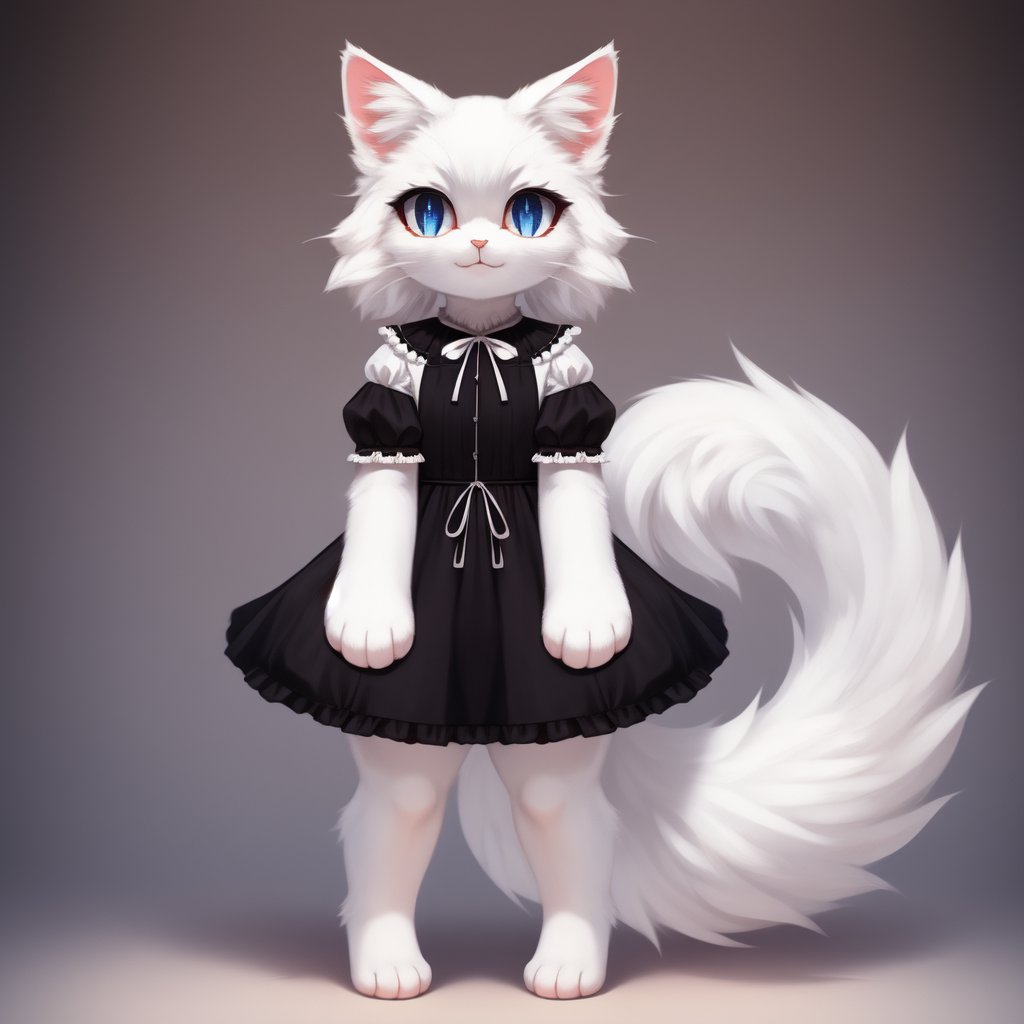 white neko girl, white cat ears, fluffy fur, fur body, white fur body, white fur, white fluffy cat tail, ((((full body)))), ((one tail)), two ears,cat eyes,split pupils, red gothic lolita, detail eyes