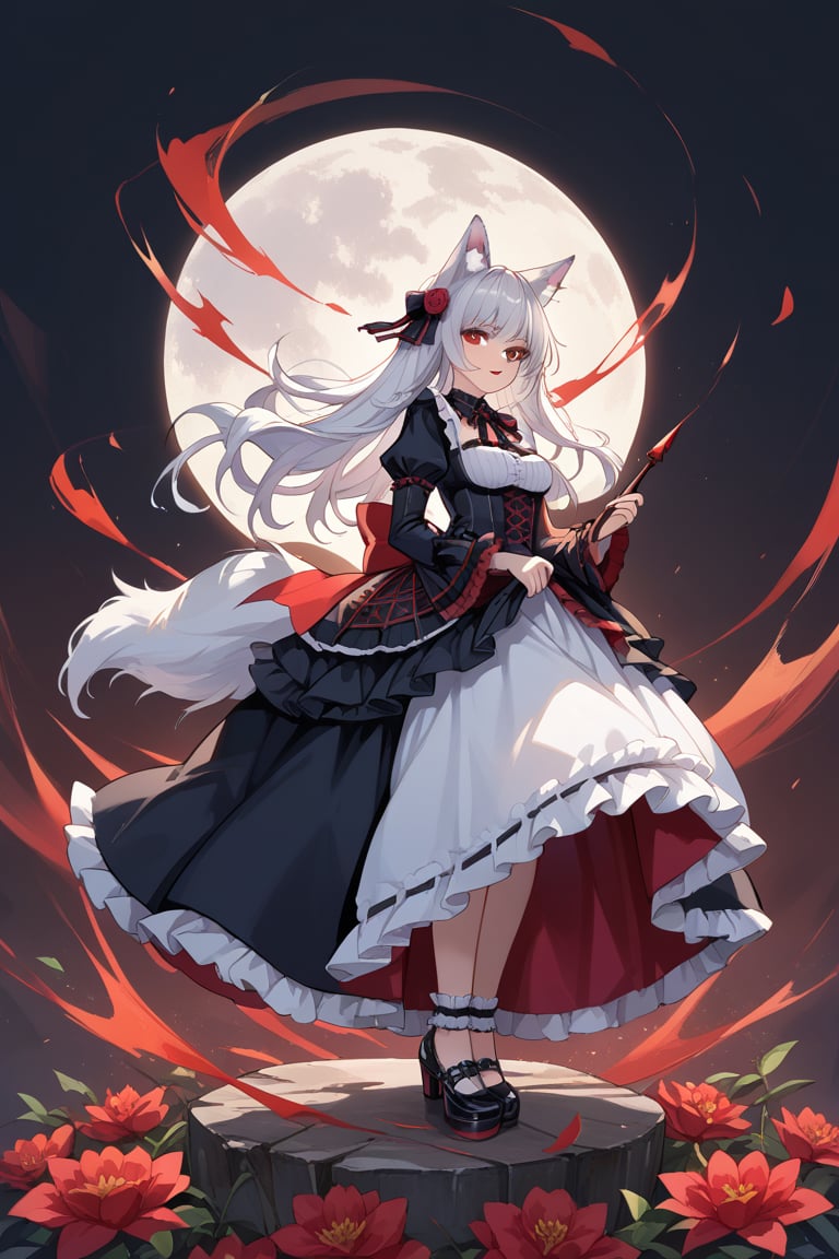 wolf girl,fur body,white wolf fur,white wolf ears,red eyes,white wolf tail, gothic lolita,full body,score_9,score_8_up,score_7_up,source_anime,BREAK