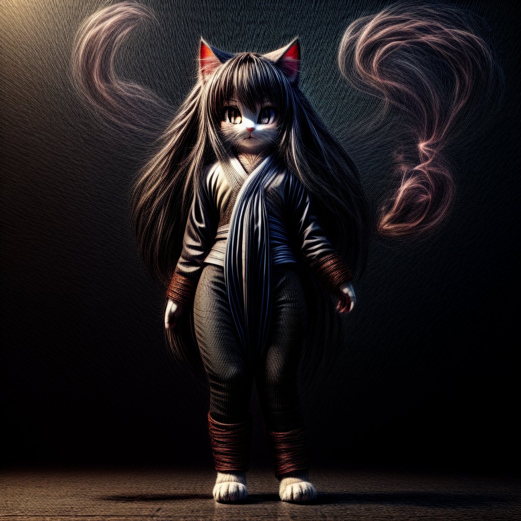 ((((full body)))),kunoichi, neko, girl, fur body, dark color fur, fluffy fur, pointy cat ears, long curly cat ears, absurdly long cherry hair, black eyes, smoke fur,cateyes