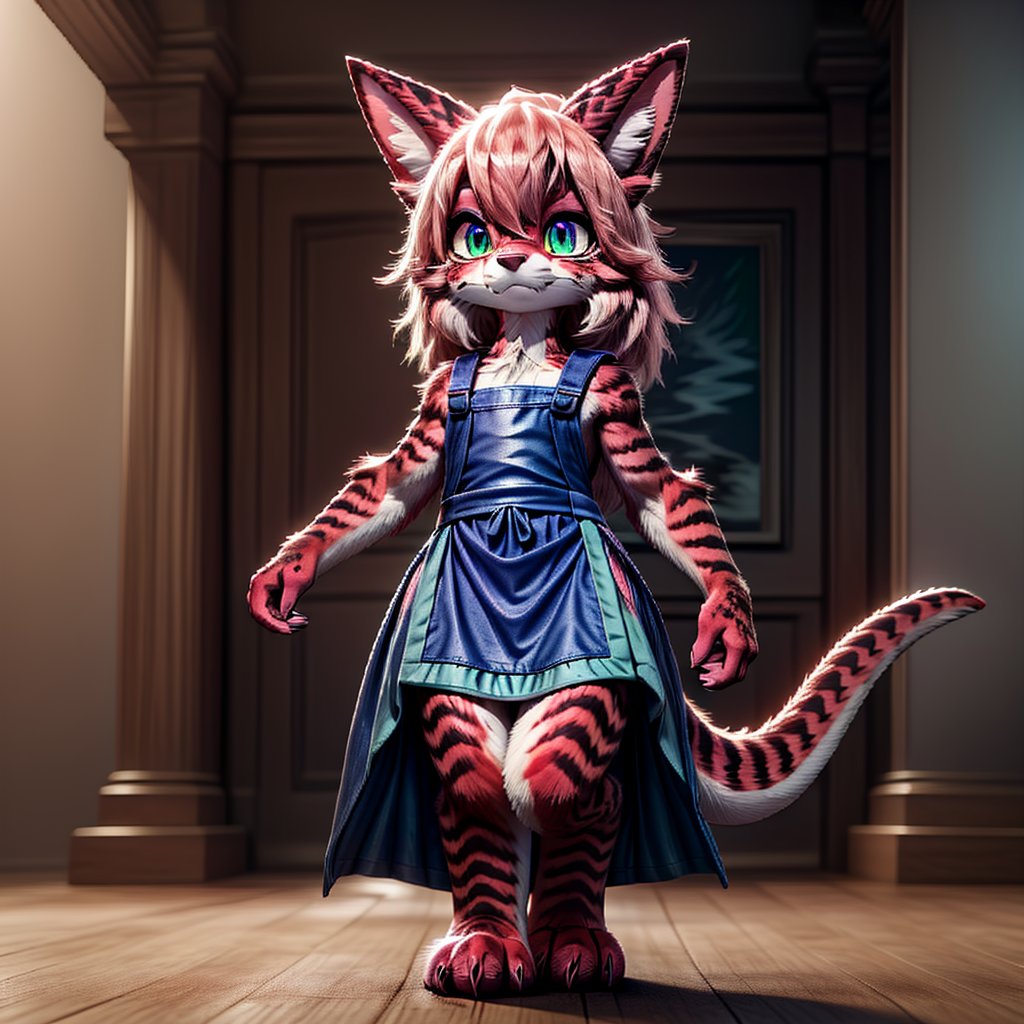 ((((full body)))), A majestic loli dragon neko stands before us. Her dark-scaled skin glistens in the soft, warm light, as if infused with an inner glow. Feline features are prominent - cat ears perked up and a long, fluffy tail extending from her posterior. A Lolita dress of mixed red, pink, and black patterns wraps around her slender form, creating a striking contrast against her dark scales. The overall composition is framed by a subtle gradient of blues and purples in the background, subtly evoking a sense of mystique and wonder.,green reptile hands,Monster girl,Dragon girl,furry,furry female,body fur,animal ear fluff,animal ears,fang