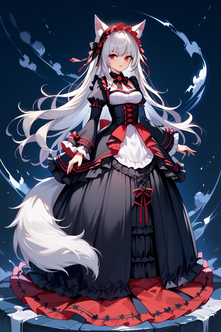 wolf girl,fur body,white wolf fur,white wolf ears,red eyes,white wolf tail, gothic lolita,full body,score_9,score_8_up,score_7_up,source_anime,BREAK