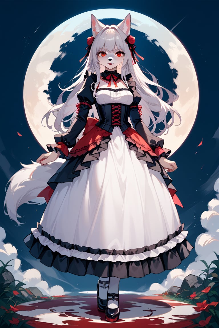 wolf girl,fur body,white wolf fur,white wolf ears,red eyes,white wolf tail, gothic lolita,full body,score_9,score_8_up,score_7_up,source_anime,BREAK,anthro