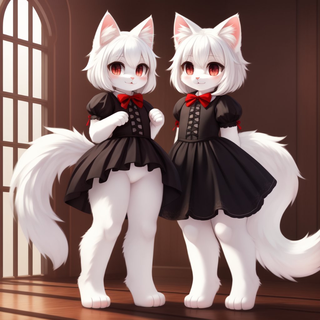 white neko girl, white cat ears, fluffy fur, fur body, white fur body, white fur, white fluffy cat tail, ((((full body)))), ((one tail)), two ears,cat eyes,split pupils, red gothic lolita, detail eyes