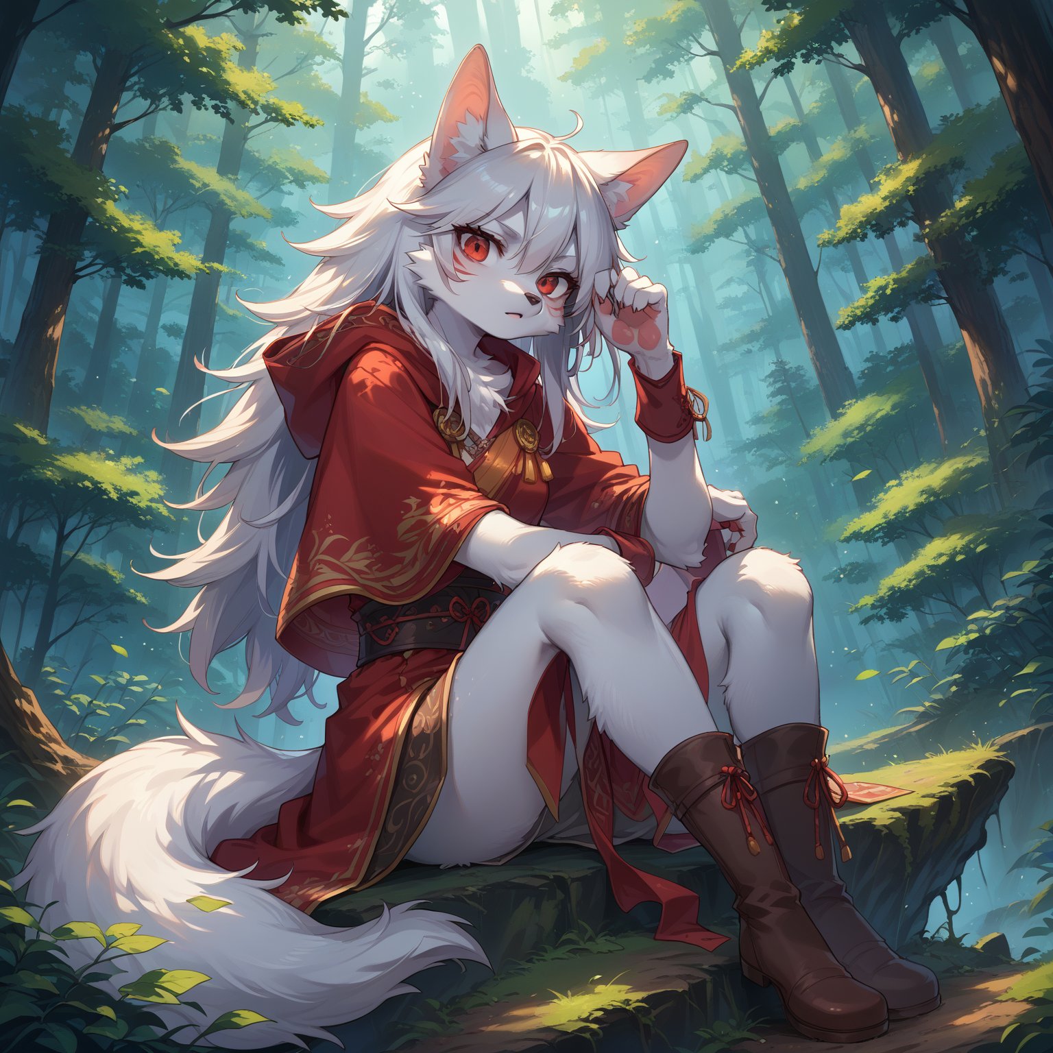 A wolf girl posing in a snowy forest clearing, surrounded by tall trees and a hint of mist. Her white fur glistens under the soft, warm lighting, with her wolf ears perked up and red eyes gleaming with a fierce intensity. She sits confidently, her long white tail wrapped around her legs like a symbol of power. The camera captures her from a slight angle, emphasizing her striking features and the textures of her fur. Anime-style artistry shines through in the stylized design and vibrant colors.,score_9,score_8_up,score_7_up,source_anime,BREAK,furry