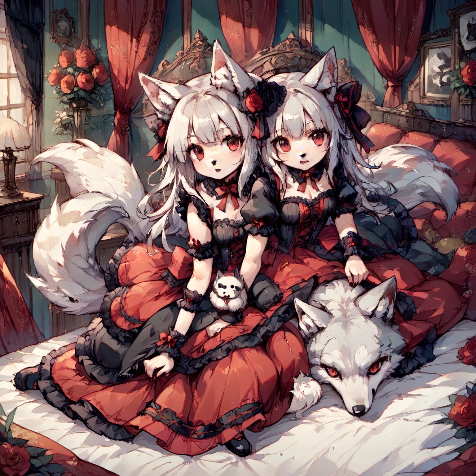 wolf girl,fur body,white wolf fur,white wolf ears,red eyes,white wolf tail, gothic lolita,full body,score_9,score_8_up,score_7_up,source_anime,BREAK,furry