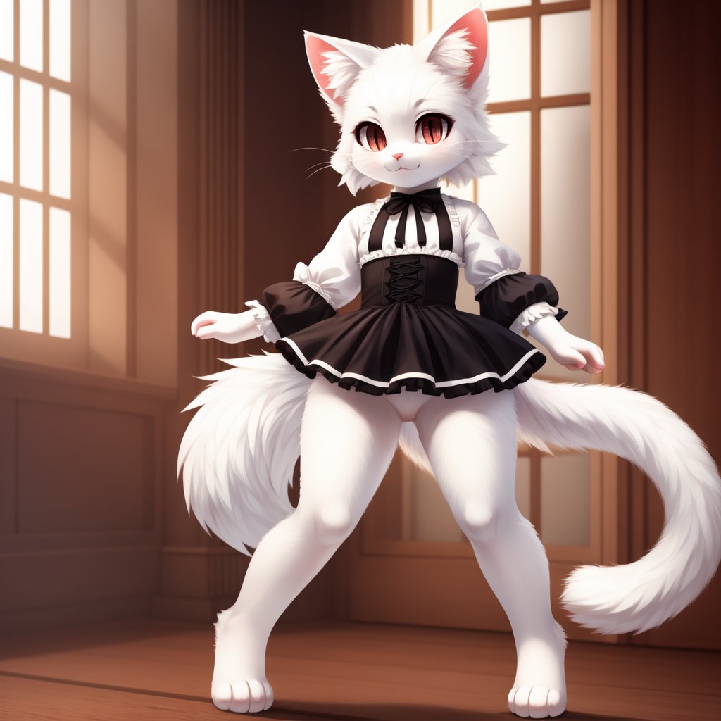 white neko girl, white cat ears, fluffy fur, fur body, white fur body, white fur, white fluffy cat tail, ((((full body)))), ((one tail)), two ears,cat eyes,split pupils, red gothic lolita, detail eyes