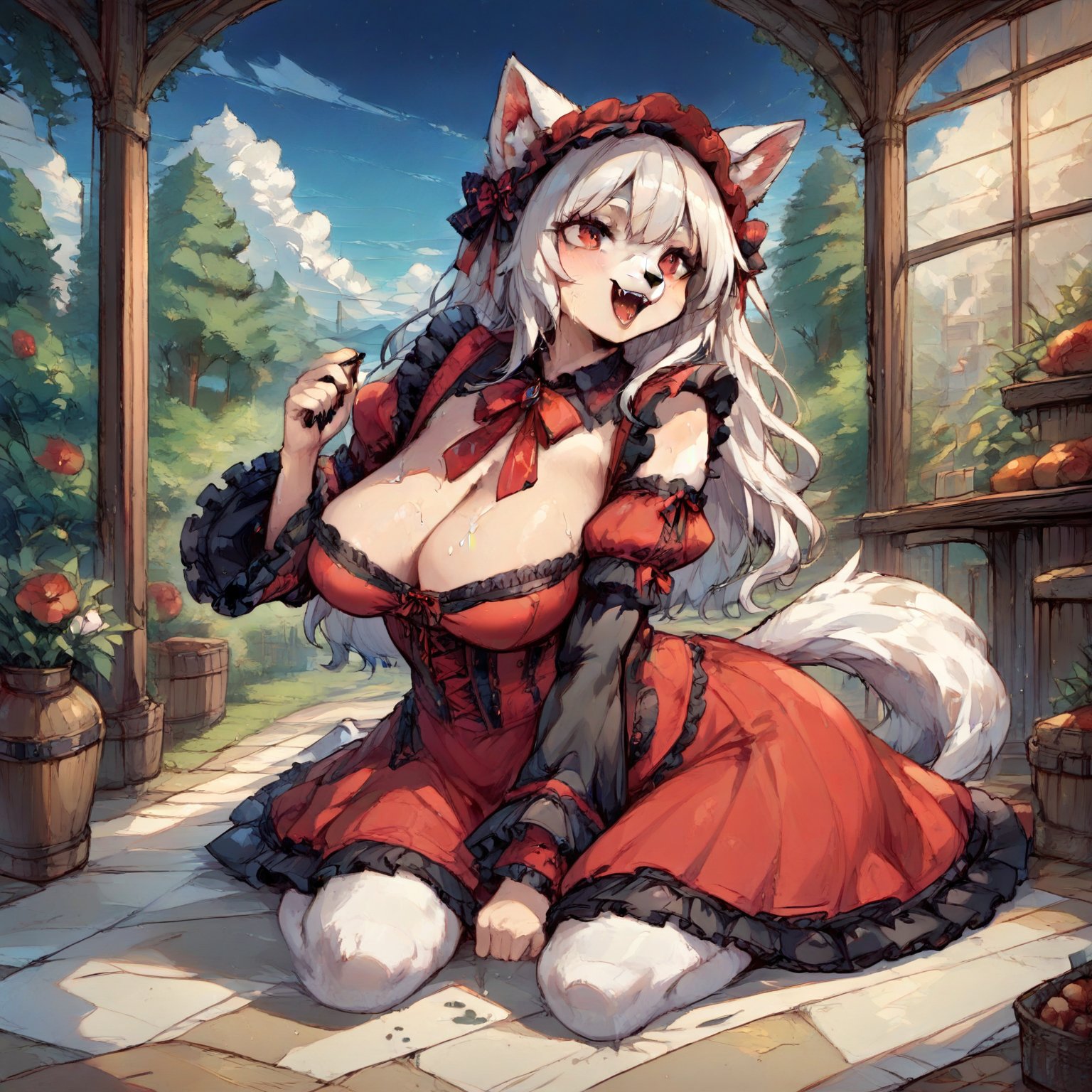 Wolf Girl in Gothic Lolita attire: a full-body portrait of a mystical figure with white fur covering her entire body, including ears and tail. Her piercing red eyes seem to hold a secrets as she poses confidently amidst a mysterious atmosphere. Score: 9+. Anime-inspired illustration with a hint of furry fantasy.,score_9,score_8_up,score_7_up,source_anime,BREAK,anthro