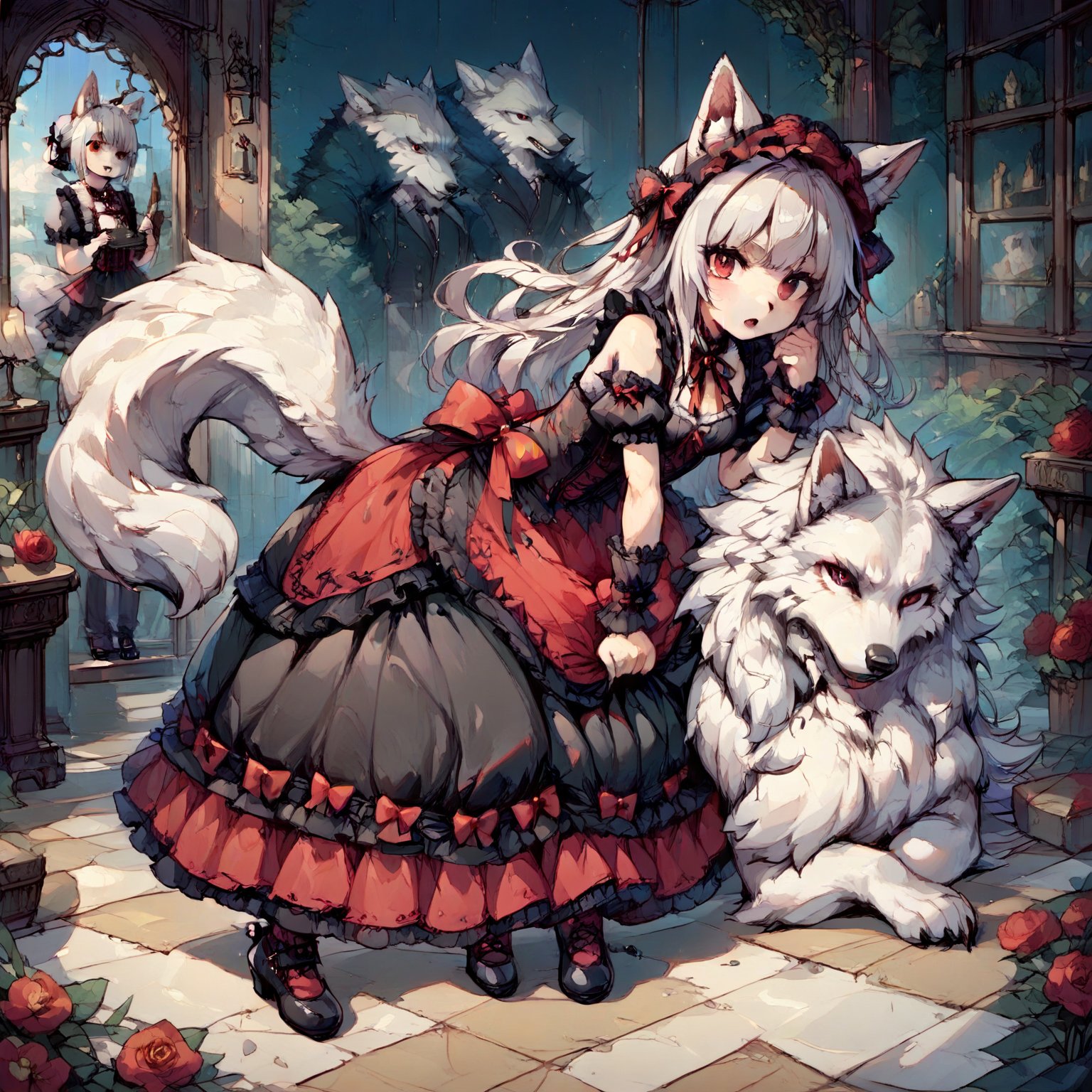 wolf girl,fur body,white wolf fur,white wolf ears,red eyes,white wolf tail, gothic lolita,full body,score_9,score_8_up,score_7_up,source_anime,BREAK,anthro