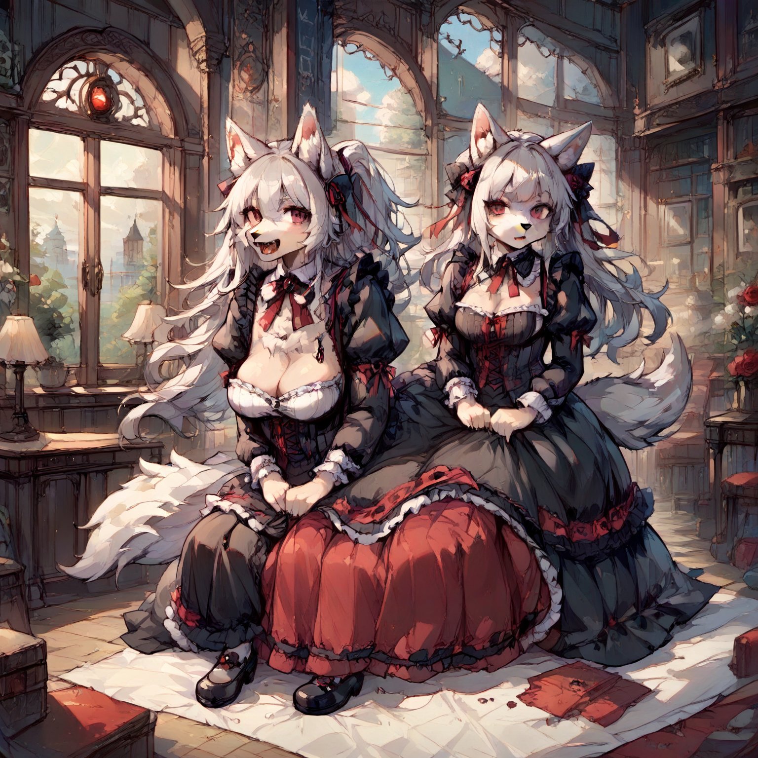 wolf girl,fur body,white wolf fur,white wolf ears,red eyes,white wolf tail, gothic lolita,full body,score_9,score_8_up,score_7_up,source_anime,BREAK,anthro