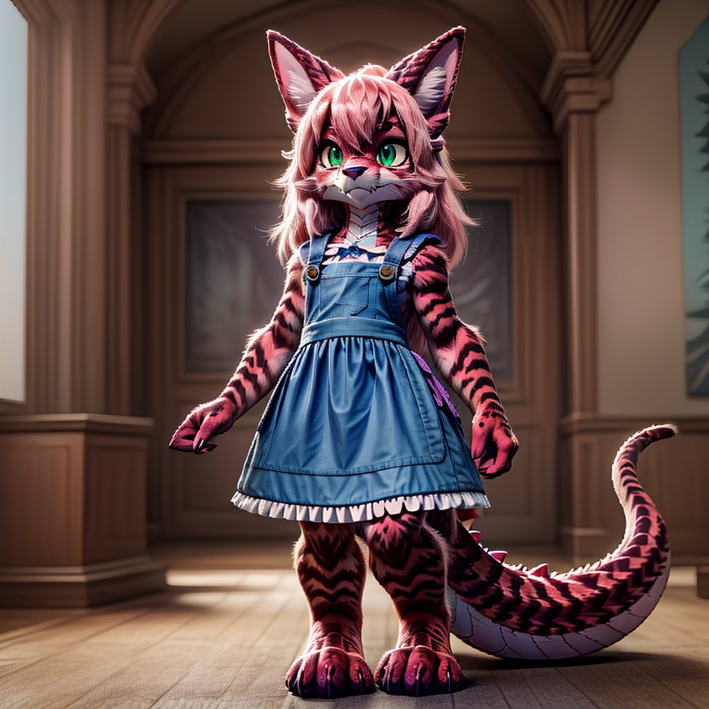 ((((full body)))), A majestic loli dragon neko stands before us. Her dark-scaled skin glistens in the soft, warm light, as if infused with an inner glow. Feline features are prominent - cat ears perked up and a long, fluffy tail extending from her posterior. A Lolita dress of mixed red, pink, and black patterns wraps around her slender form, creating a striking contrast against her dark scales. The overall composition is framed by a subtle gradient of blues and purples in the background, subtly evoking a sense of mystique and wonder.,green reptile hands,Monster girl,Dragon girl,furry,furry female,body fur,animal ear fluff,animal ears,fang