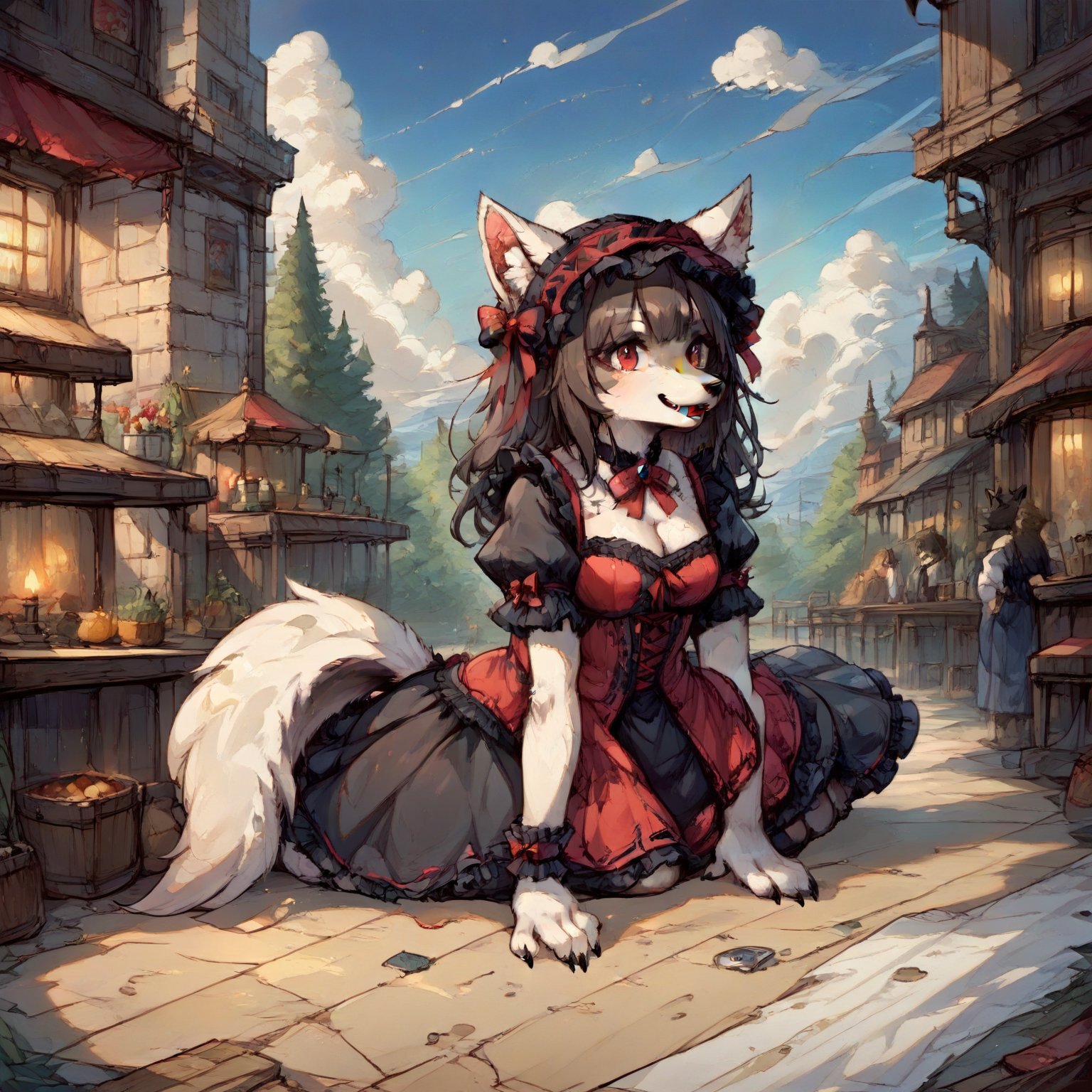 Wolf Girl in Gothic Lolita attire: a full-body portrait of a mystical figure with white fur covering her entire body, including ears and tail. Her piercing red eyes seem to hold a secrets as she poses confidently amidst a mysterious atmosphere. Score: 9+. Anime-inspired illustration with a hint of furry fantasy.,score_9,score_8_up,score_7_up,source_anime,BREAK,furry,more detail XL