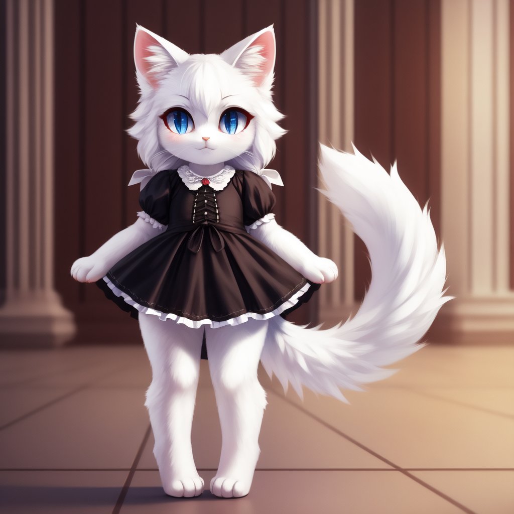 white neko girl, white cat ears, fluffy fur, fur body, white fur body, white fur, white fluffy cat tail, ((((full body)))), ((one tail)), two ears,cat eyes,split pupils, red gothic lolita, detail eyes