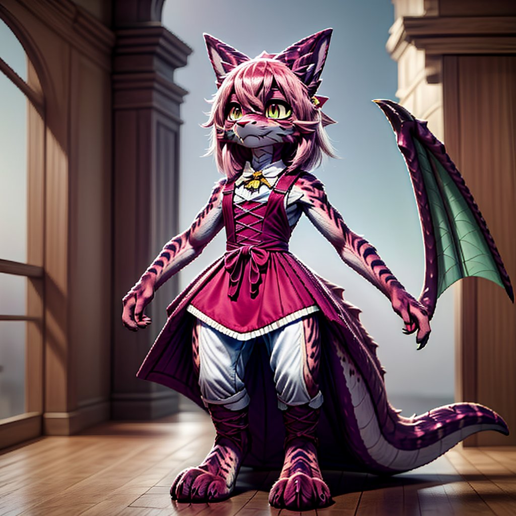 ((((full body)))), A majestic loli dragon neko stands before us. Her dark-scaled skin glistens in the soft, warm light, as if infused with an inner glow. Feline features are prominent - cat ears perked up and a long, fluffy tail extending from her posterior. A Lolita dress of mixed red, pink, and black patterns wraps around her slender form, creating a striking contrast against her dark scales. The overall composition is framed by a subtle gradient of blues and purples in the background, subtly evoking a sense of mystique and wonder.,green reptile hands,Monster girl,Dragon girl,furry,furry female,body fur,animal ear fluff,animal ears,fang