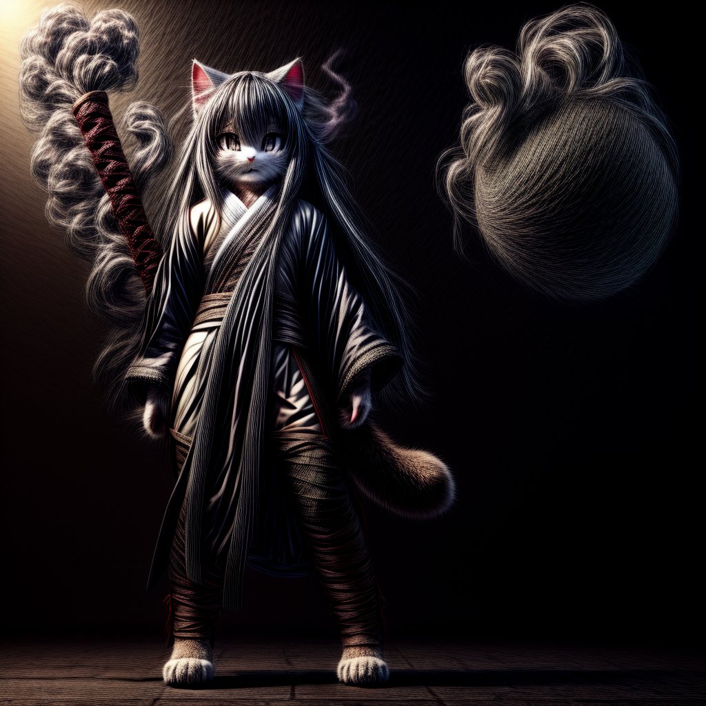 ((((full body)))),kunoichi, neko, girl, fur body, dark color fur, fluffy fur, pointy cat ears, long curly cat ears, absurdly long cherry hair, black eyes, smoke fur, cateyes, holding a katana in the right hand 