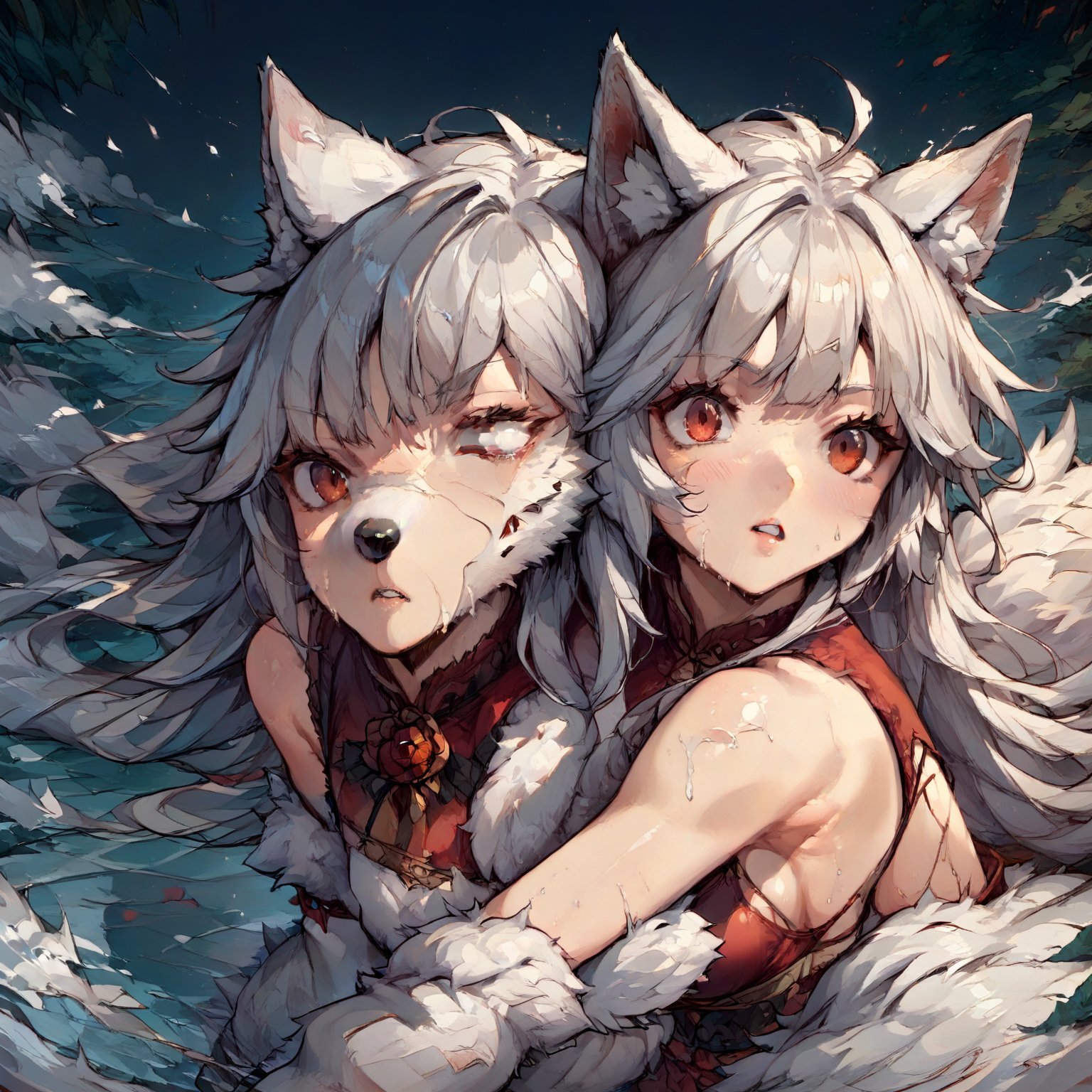 wolf girl,white wolf fur,white wolf ears,red eyes,white wolf tail,score_9,score_8_up,score_7_up,source_anime,BREAK,furry