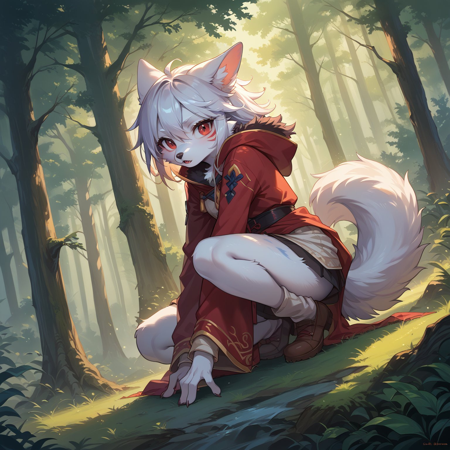 A wolf girl posing in a snowy forest clearing, surrounded by tall trees and a hint of mist. Her white fur glistens under the soft, warm lighting, with her wolf ears perked up and red eyes gleaming with a fierce intensity. She sits confidently, her long white tail wrapped around her legs like a symbol of power. The camera captures her from a slight angle, emphasizing her striking features and the textures of her fur. Anime-style artistry shines through in the stylized design and vibrant colors.,score_9,score_8_up,score_7_up,source_anime,BREAK,furry