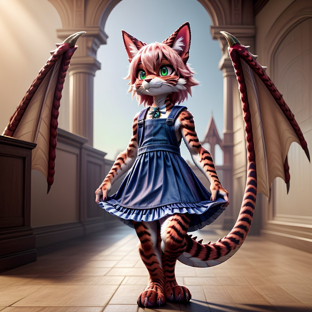 ((((full body)))), A majestic loli dragon neko stands before us. Her dark-scaled skin glistens in the soft, warm light, as if infused with an inner glow. Feline features are prominent - cat ears perked up and a long, fluffy tail extending from her posterior. A Lolita dress of mixed red, pink, and black patterns wraps around her slender form, creating a striking contrast against her dark scales. The overall composition is framed by a subtle gradient of blues and purples in the background, subtly evoking a sense of mystique and wonder.,green reptile hands,Monster girl,Dragon girl,furry,furry female,body fur,animal ear fluff,animal ears,fang