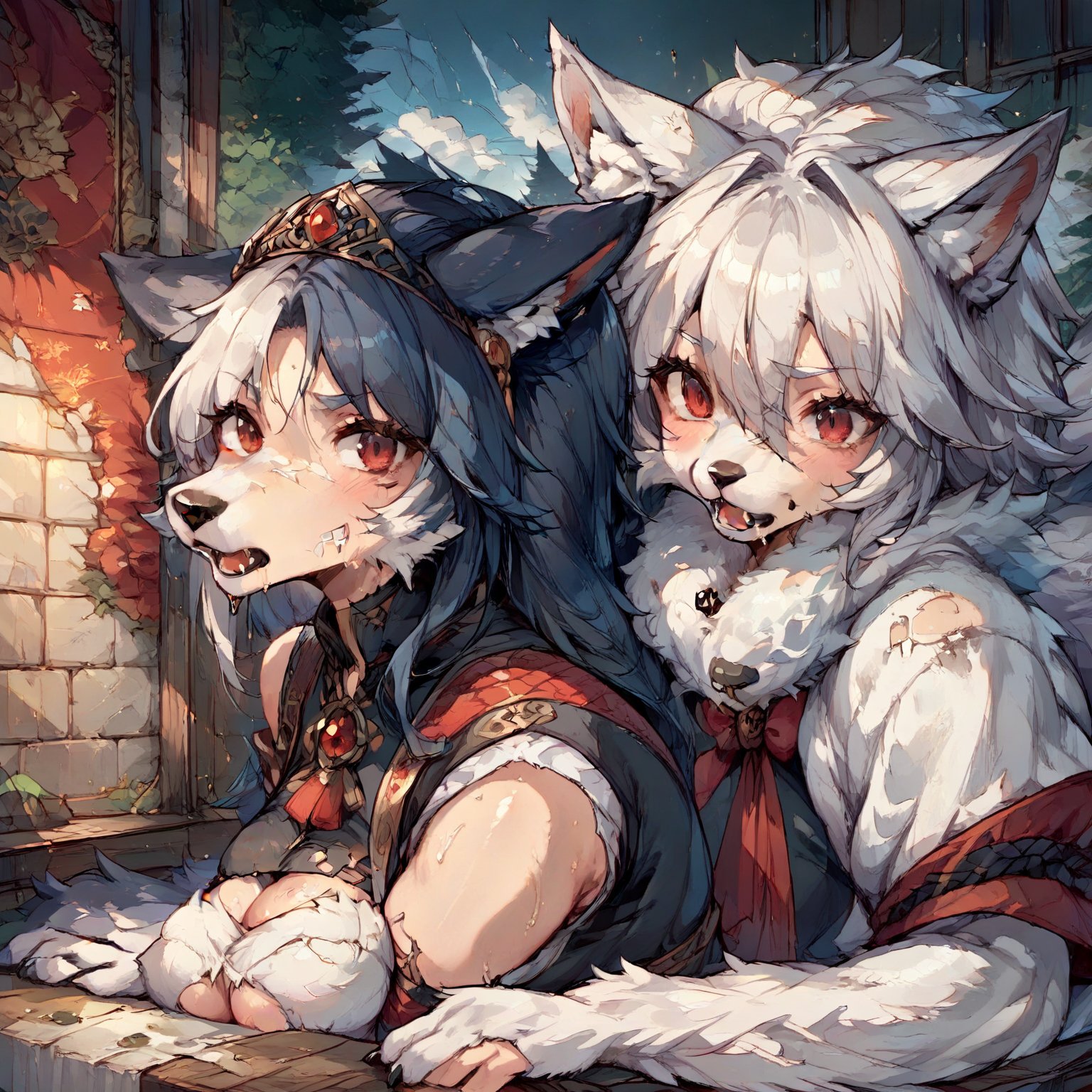 wolf girl,white wolf fur,white wolf ears,red eyes,white wolf tail,score_9,score_8_up,score_7_up,source_anime,BREAK,furry,more detail XL