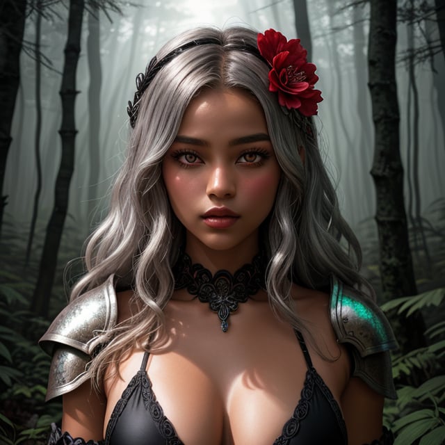 A headless young woman with long silver curly hair and striking red eyes, wearing intricate black bikini armor adorned with vibrant red flower accents. She holds her own head in one hand, creating a surreal and captivating image. The background is a mystical forest with soft, ethereal lighting that enhances the otherworldly atmosphere of the scene. The armor should have detailed textures, and the flowers should appear vivid and lifelike, contrasting beautifully against her dark skin tone.