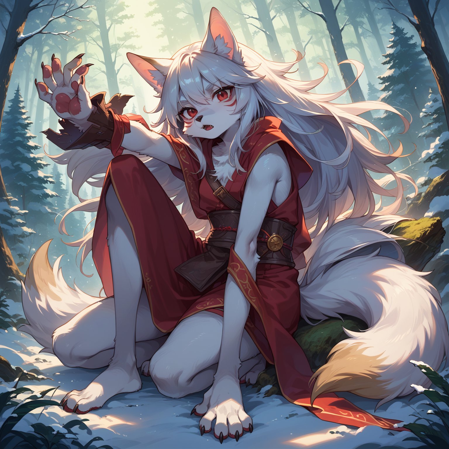 A wolf girl child posing in a snowy forest clearing, surrounded by tall trees and a hint of mist. Her white fur glistens under the soft, warm lighting, with her wolf ears perked up and red eyes gleaming with a fierce intensity. She sits confidently, her long white tail wrapped around her legs like a symbol of power. The camera captures her from a slight angle, emphasizing her striking features and the textures of her fur. Anime-style artistry shines through in the stylized design and vibrant colors.,score_9,score_8_up,score_7_up,source_anime,BREAK,furry