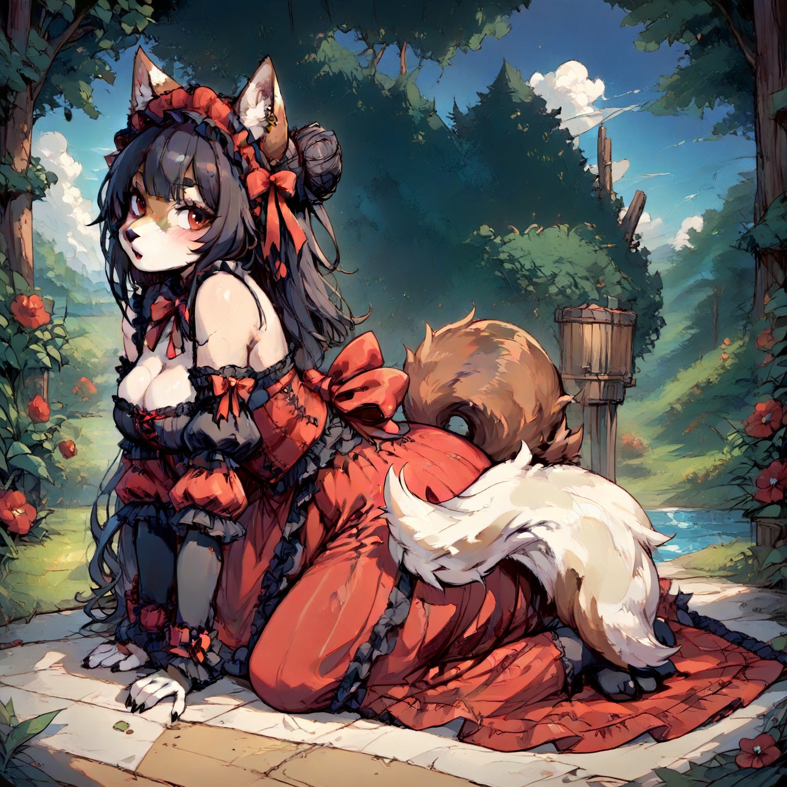 Wolf Girl in Gothic Lolita attire: a full-body portrait of a mystical figure with white fur covering her entire body, including ears and tail. Her piercing red eyes seem to hold a secrets as she poses confidently amidst a mysterious atmosphere. Score: 9+. Anime-inspired illustration with a hint of furry fantasy.,score_9,score_8_up,score_7_up,source_anime,BREAK,furry,more detail XL