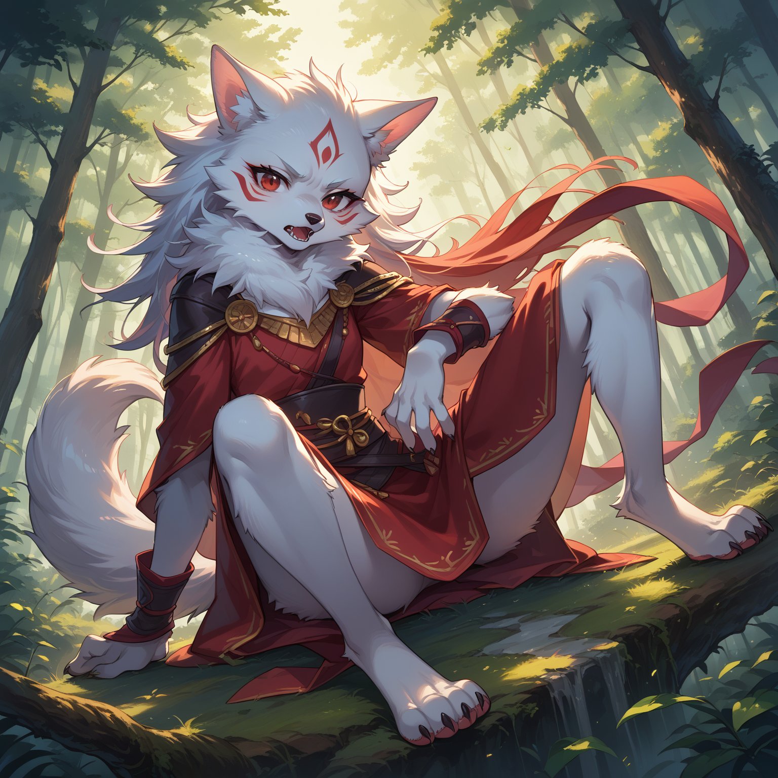 A wolf girl child posing in a snowy forest clearing, surrounded by tall trees and a hint of mist. Her white fur glistens under the soft, warm lighting, with her wolf ears perked up and red eyes gleaming with a fierce intensity. She sits confidently, her long white tail wrapped around her legs like a symbol of power. The camera captures her from a slight angle, emphasizing her striking features and the textures of her fur. Anime-style artistry shines through in the stylized design and vibrant colors.,score_9,score_8_up,score_7_up,source_anime,BREAK,furry