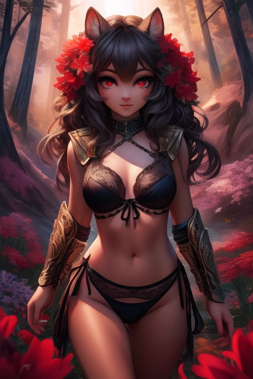 In a mystical forest bathed in soft, ethereal light, a headless young woman with long silver curly hair and striking red eyes poses eerily beautiful. Her dark skin glistens as she holds her own head in one hand, surrounded by intricate black bikini armor adorned with vibrant red flower accents that seem to pulsate with an otherworldly energy. The flowers' delicate petals and stems are textured with lifelike detail, contrasting stunningly against her dark skin tone. ((full body))