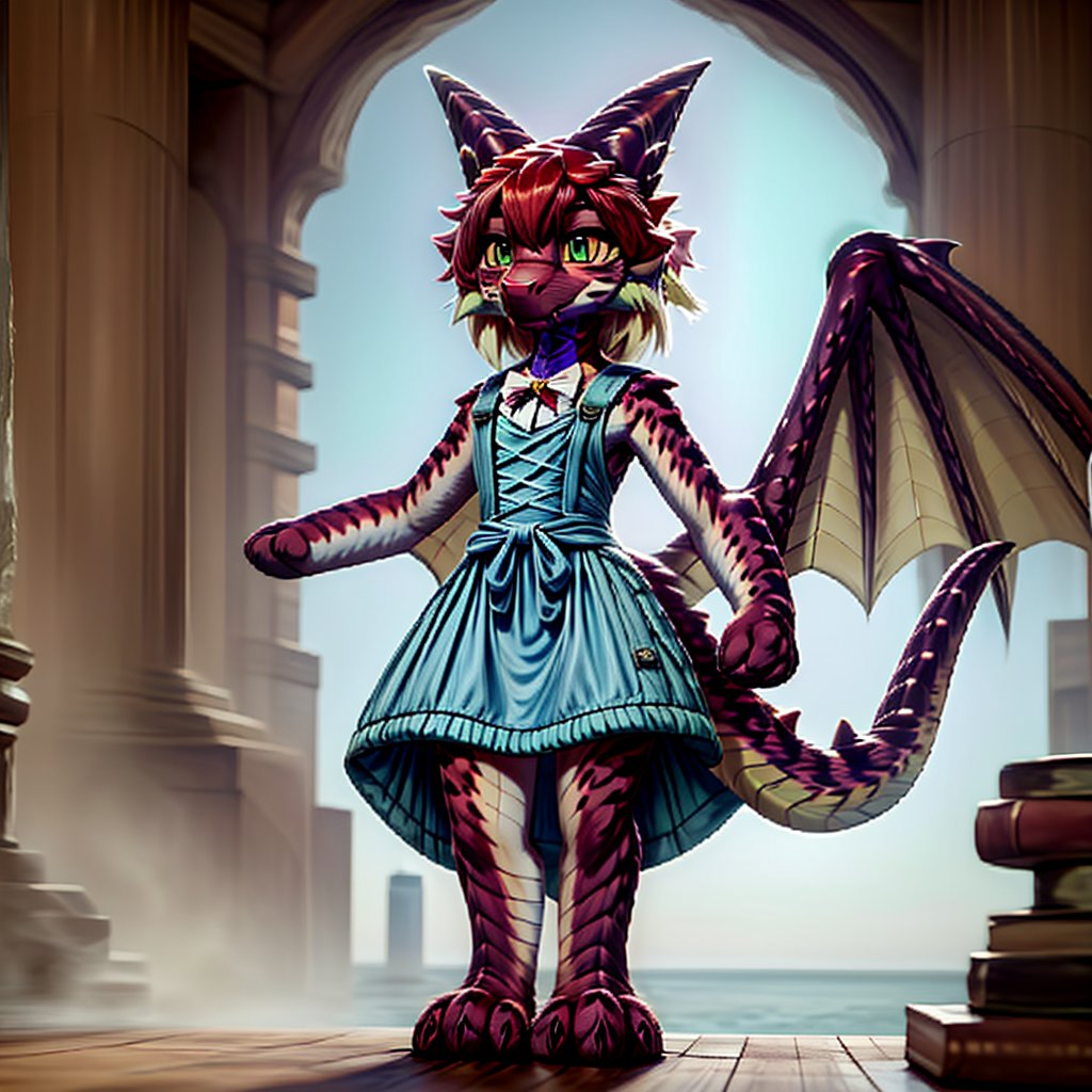 ((((full body)))), A majestic loli dragon neko stands before us. Her dark-scaled skin glistens in the soft, warm light, as if infused with an inner glow. Feline features are prominent - cat ears perked up and a long, fluffy tail extending from her posterior. A Lolita dress of mixed red, pink, and black patterns wraps around her slender form, creating a striking contrast against her dark scales. The overall composition is framed by a subtle gradient of blues and purples in the background, subtly evoking a sense of mystique and wonder.,green reptile hands,Monster girl,Dragon girl,furry,furry female,body fur,animal ear fluff,animal ears,fang