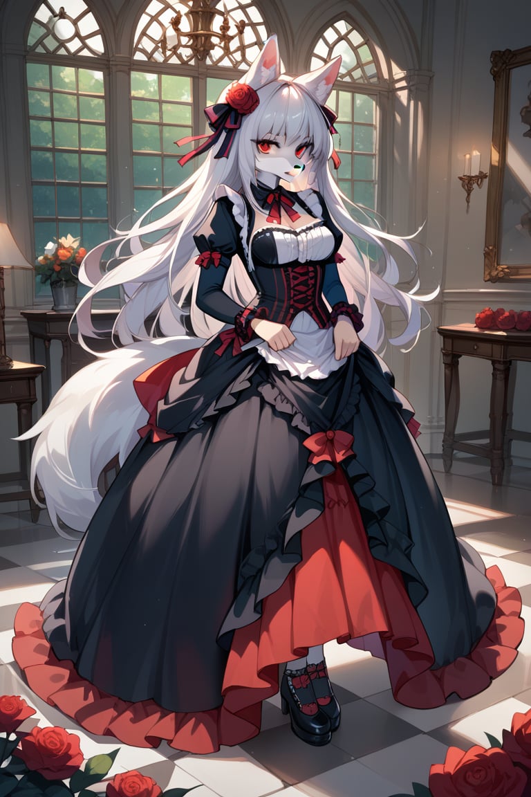 wolf girl,fur body,white wolf fur,white wolf ears,red eyes,white wolf tail, gothic lolita,full body,score_9,score_8_up,score_7_up,source_anime,BREAK,anthro