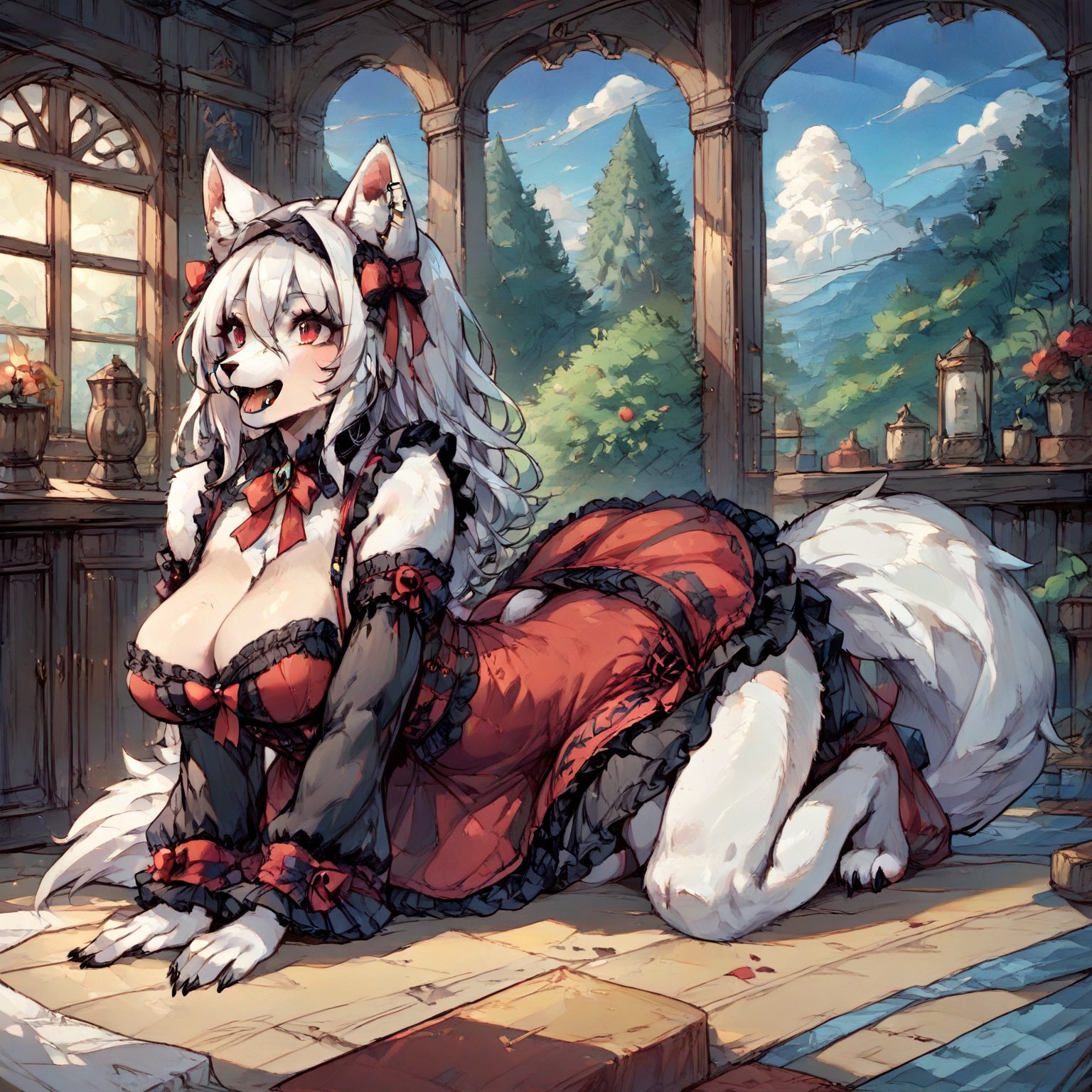 Wolf Girl in Gothic Lolita attire: a full-body portrait of a mystical figure with white fur covering her entire body, including ears and tail. Her piercing red eyes seem to hold a secrets as she poses confidently amidst a mysterious atmosphere. Score: 9+. Anime-inspired illustration with a hint of furry fantasy.,score_9,score_8_up,score_7_up,source_anime,BREAK,furry,more detail XL