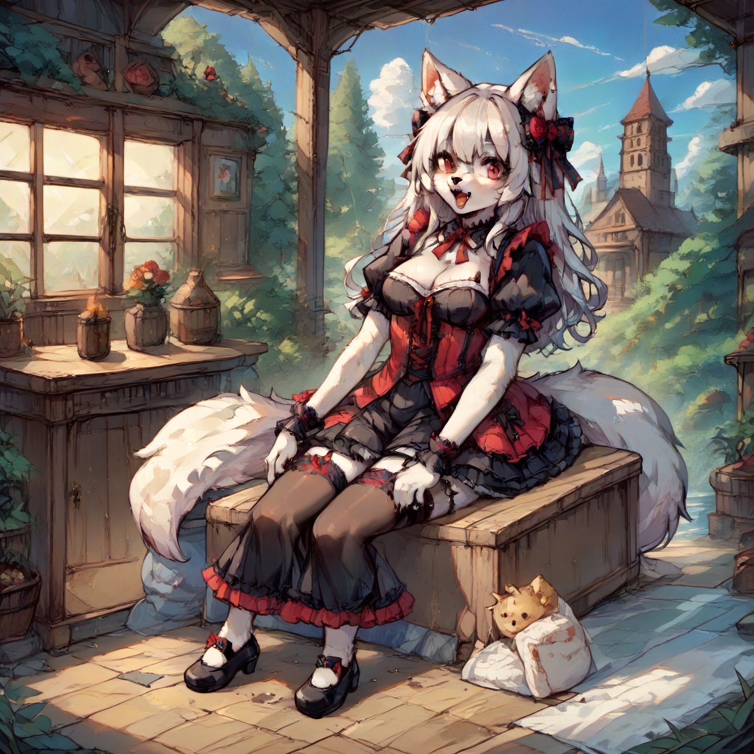 Wolf Girl in Gothic Lolita attire: a full-body portrait of a mystical figure with white fur covering her entire body, including ears and tail. Her piercing red eyes seem to hold a secrets as she poses confidently amidst a mysterious atmosphere. Score: 9+. Anime-inspired illustration with a hint of furry fantasy.,score_9,score_8_up,score_7_up,source_anime,BREAK,furry