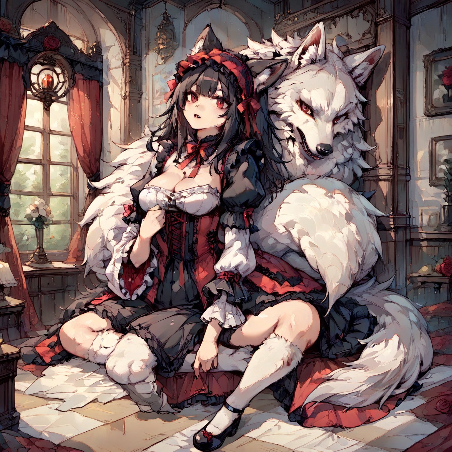 wolf girl,fur body,white wolf fur,white wolf ears,red eyes,white wolf tail, gothic lolita,full body,score_9,score_8_up,score_7_up,source_anime,BREAK,furry