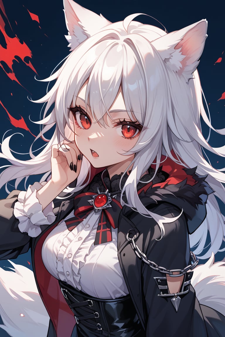 wolf girl, white wolf fur, white wolf ears, red eyes,white wolf tail, gothic,score_9,score_8_up,score_7_up,source_anime,BREAK