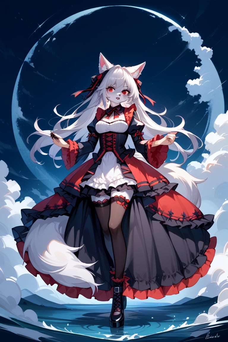 wolf girl,fur body,white wolf fur,white wolf ears,red eyes,white wolf tail, gothic lolita,full body,score_9,score_8_up,score_7_up,source_anime,BREAK,anthro