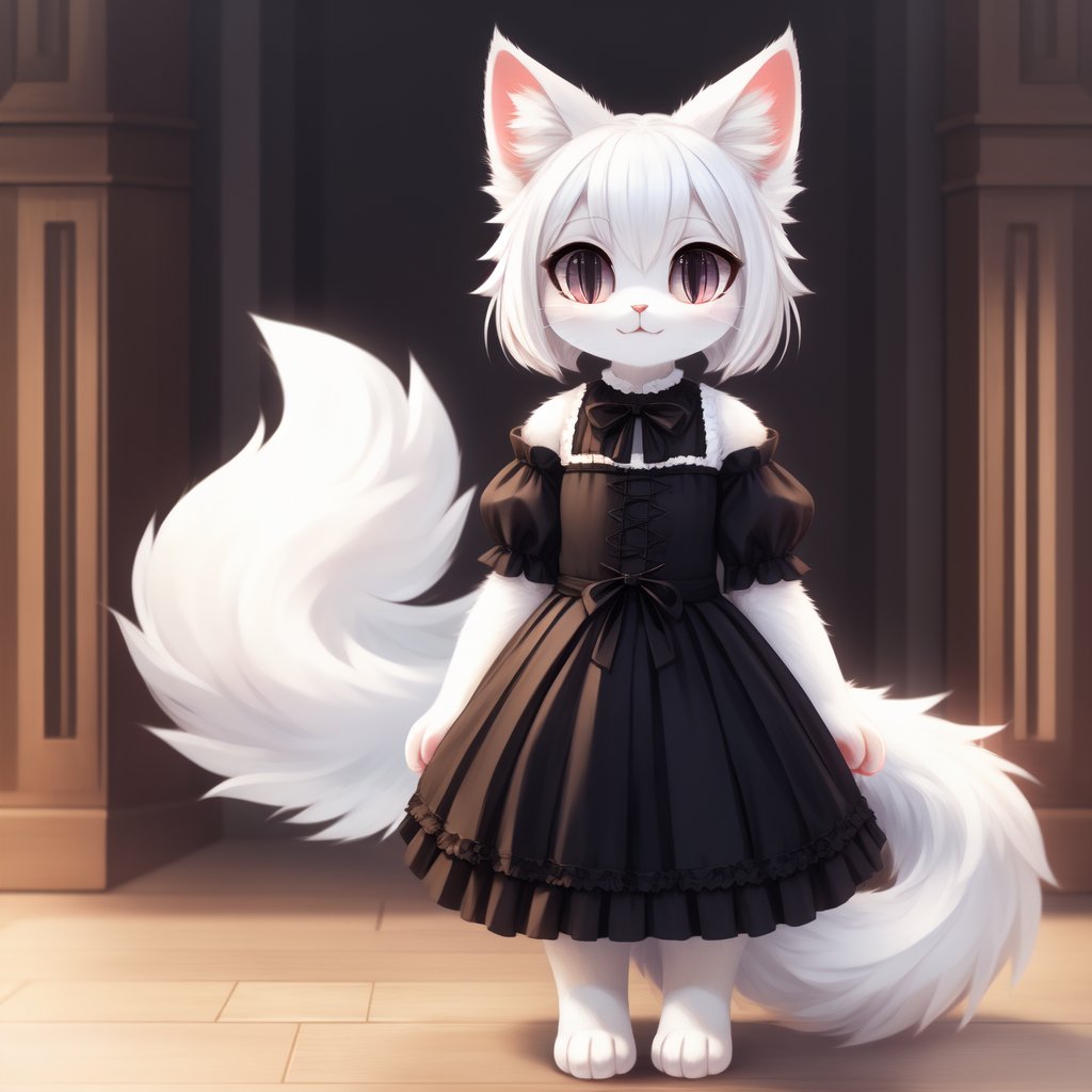 white neko girl, white cat ears, fluffy fur, fur body, white fur body, white fur, white fluffy cat tail, ((((full body)))), ((one tail)), two ears,cat eyes,split pupils, red gothic lolita, detail eyes