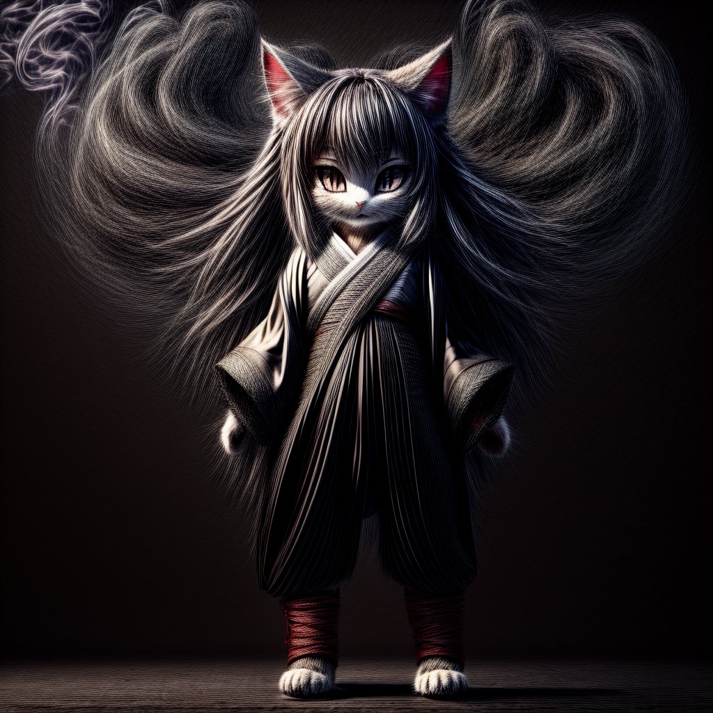 ((((full body)))),kunoichi, neko, girl, fur body, dark color fur, fluffy fur, pointy cat ears, long curly cat ears, absurdly long cherry hair, black eyes, smoke fur, cateyes, holding a katana in the right hand 