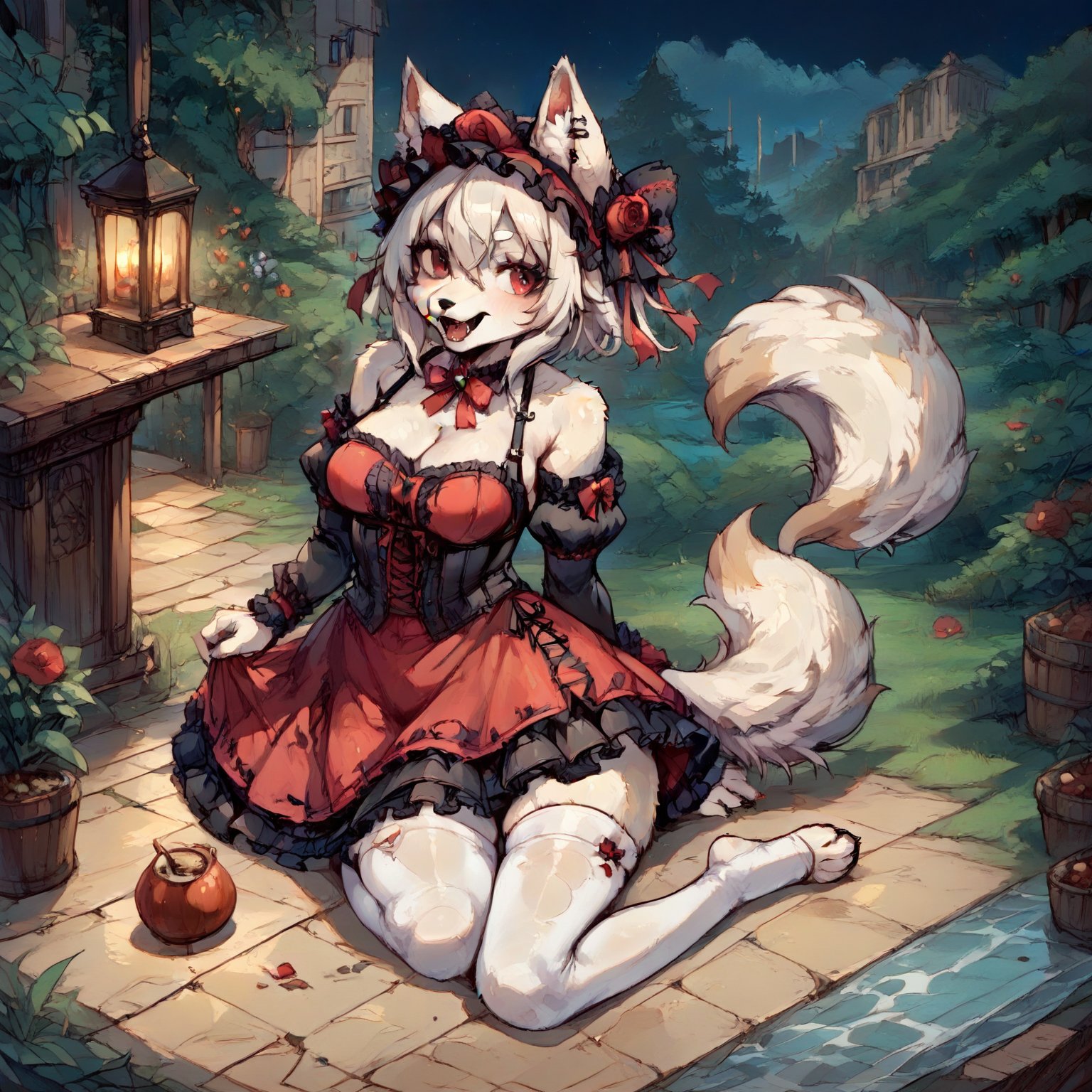 Wolf Girl in Gothic Lolita attire: a full-body portrait of a mystical figure with white fur covering her entire body, including ears and tail. Her piercing red eyes seem to hold a secrets as she poses confidently amidst a mysterious atmosphere. Score: 9+. Anime-inspired illustration with a hint of furry fantasy.,score_9,score_8_up,score_7_up,source_anime,BREAK,furry